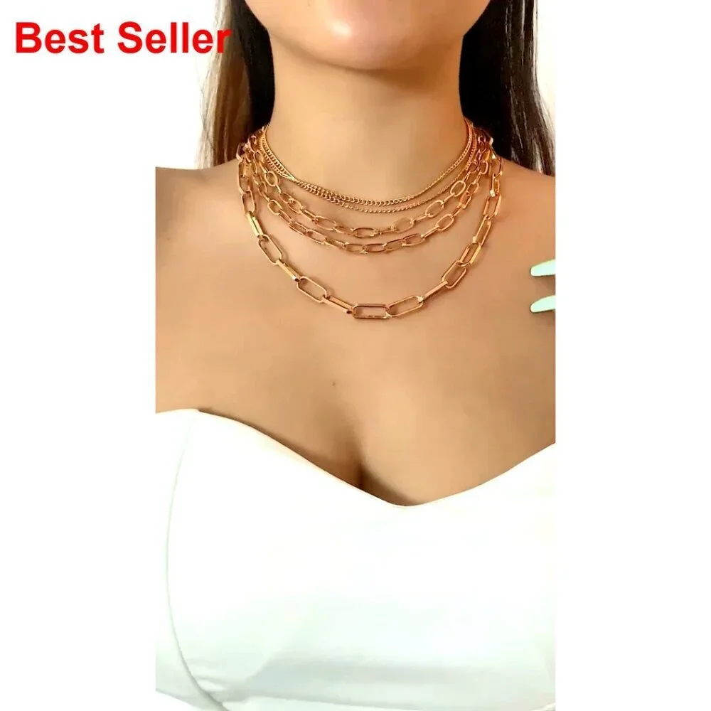 Layered Chain Necklaces Gold Plated Paperclip Chain Silver Tone Choker Punk
